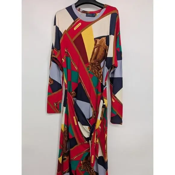 NWT Polo Ralph Lauren Scarf-Print Long-Sleeve Wrap Maxi Dress Sz S Red #2H461 - Picture 4 of 10